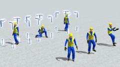 3 animierte Arbeiter und 3 Standmodelle von Arbeitern in blau