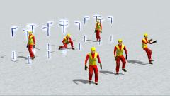 3 animierte Arbeiter und 3 Standmodelle von Arbeitern in rot