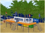 Strand-Set mit Strandcafe, Surfschule, Strandhuschen und Badegsten