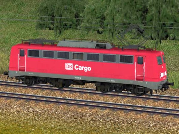 Elektrische Güterzuglokomotive BR 140 der DB Cargo in verkehrsroter Farbgebung Epoche V sowie kurzgekuppelte Doppelgüterwagen (SK2736 )