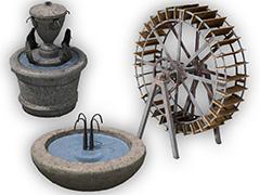 2 Trinkwasserbrunnen und ein Wasserrad