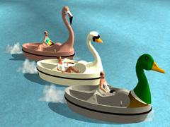 Camping- und Freizeitspa: Freizeitboote, Ente, Schwan, Flamingo